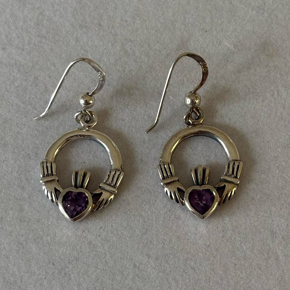 925 Sterling Silver Irish Claddagh Dangly Earrings with Purple Heart Gems